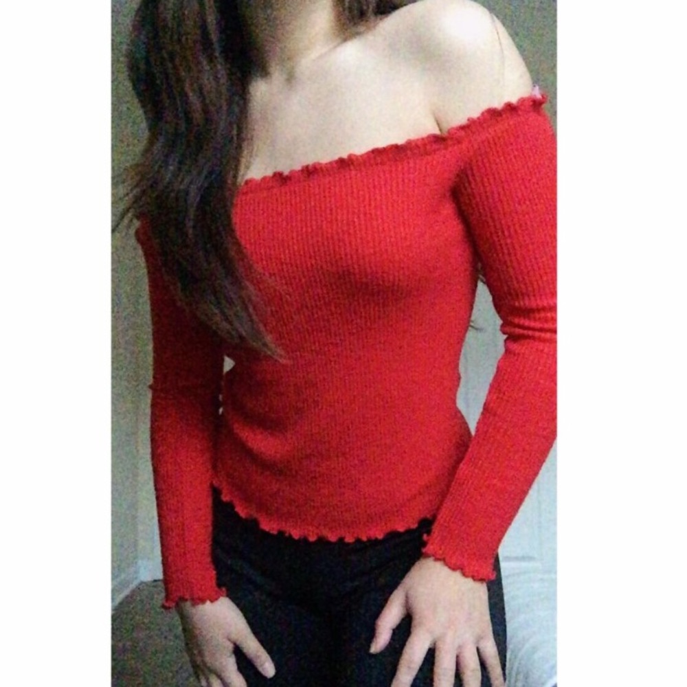 textured red long-sleeve top